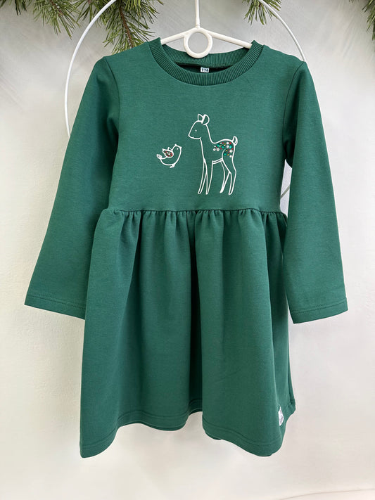 Green dress with Roe deer and bird